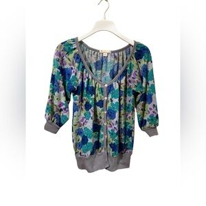 Anthropologie Blue and Green Floral Button-Down Top